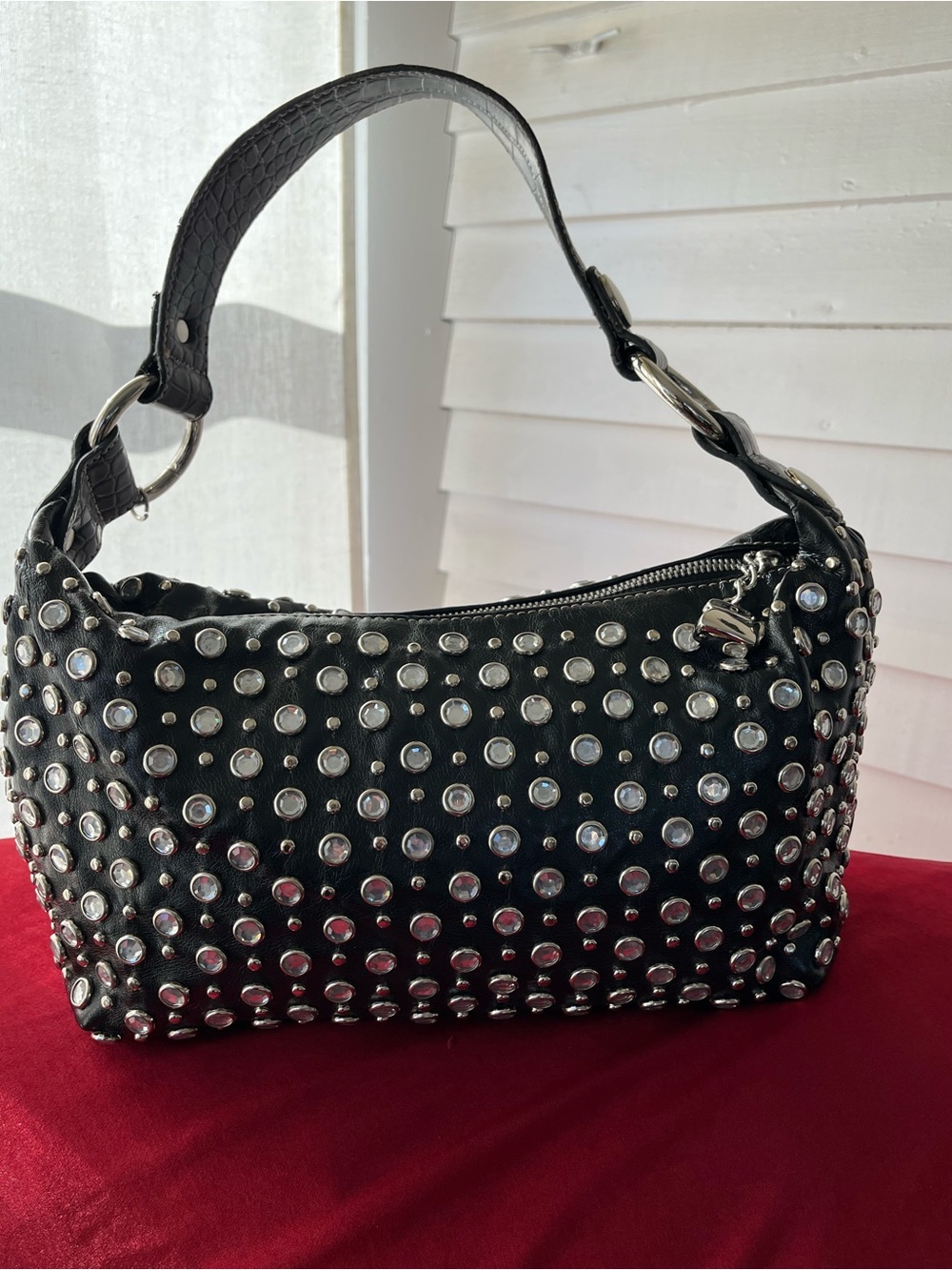 Kathy Van Zeeland Y2K Black Vegan Leather Shoulder Bling Bag, EUC